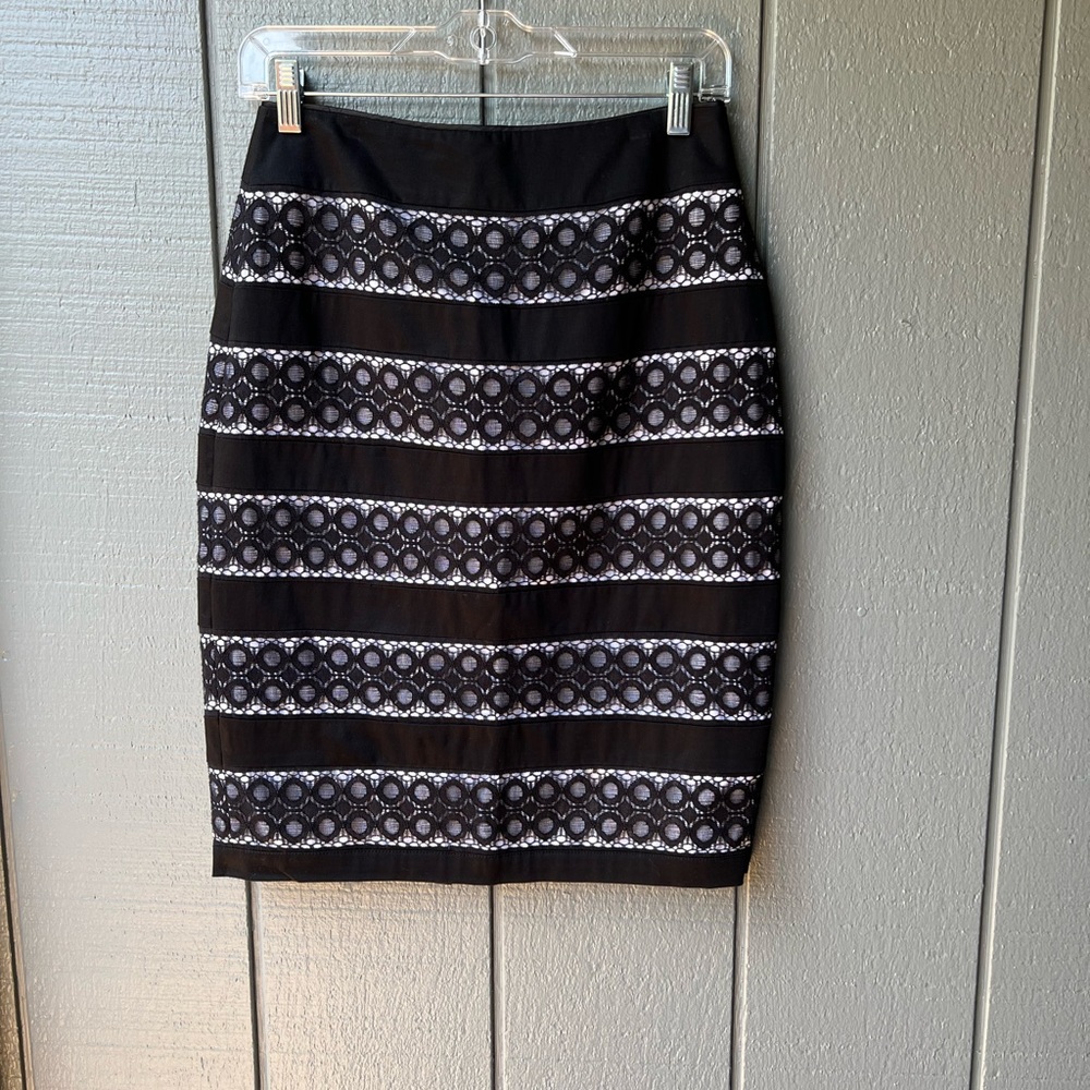 White House Black Market Cotton & Spandex Lace & Mesh Detail Pencil Skirt